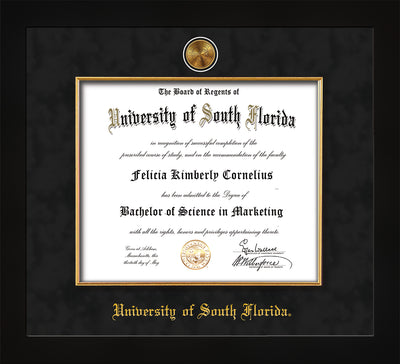 Image of University of South Florida Diploma Frame - Flat Matte Black - w/24k Gold-Plated Medallion & Fillet - w/USF Name Embossing - Black Suede mat