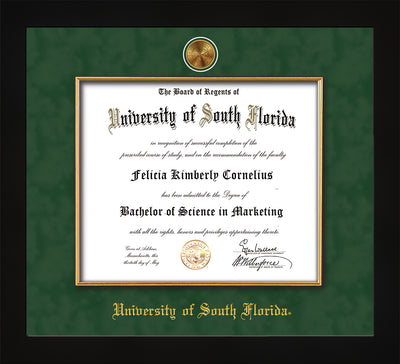 Image of University of South Florida Diploma Frame - Flat Matte Black - w/24k Gold-Plated Medallion & Fillet - w/USF Name Embossing - Green Suede mat