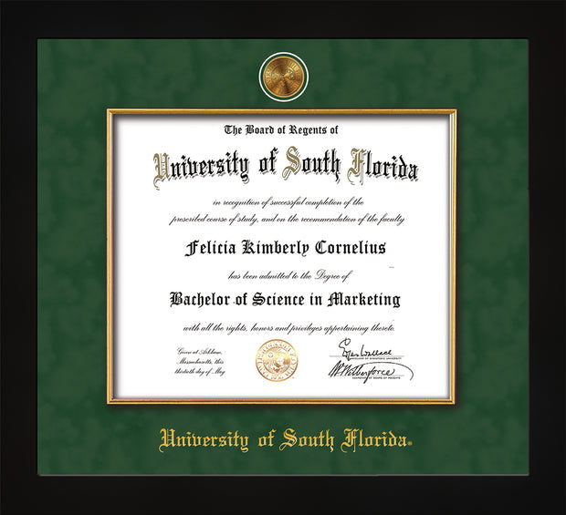 Image of University of South Florida Diploma Frame - Flat Matte Black - w/24k Gold-Plated Medallion & Fillet - w/USF Name Embossing - Green Suede mat