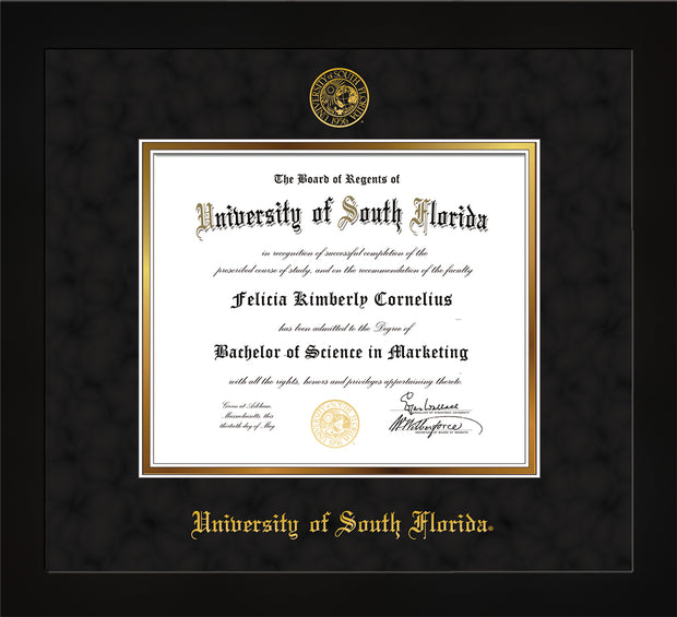 Image of University of South Florida Diploma Frame - Flat Matte Black - w/Embossed USF Seal & Name - Black Suede on Gold mat