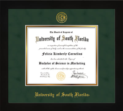 Image of University of South Florida Diploma Frame - Flat Matte Black - w/Embossed USF Seal & Name - Green Suede on Gold mat