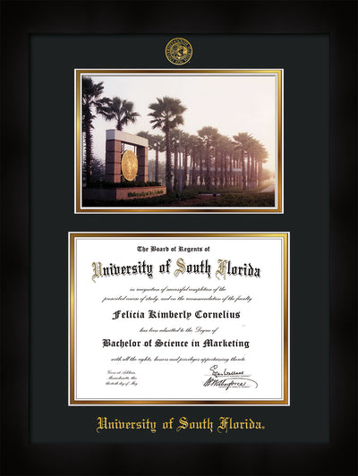 Image of University of South Florida Diploma Frame - Flat Matte Black - w/Embossed USF Seal & Name - Photo - Black on Gold mat