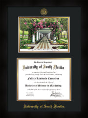 Image of University of South Florida Diploma Frame - Flat Matte Black - w/Embossed USF Seal & Name - Watercolor - Black on Gold mat