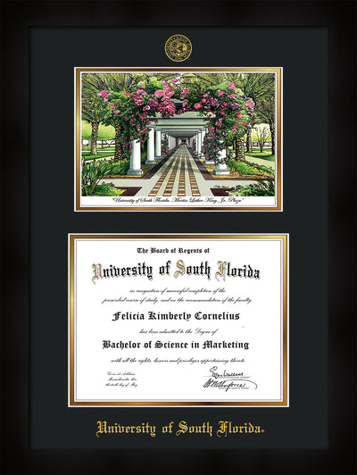 Image of University of South Florida Diploma Frame - Flat Matte Black - w/Embossed USF Seal & Name - Watercolor - Black on Gold mat