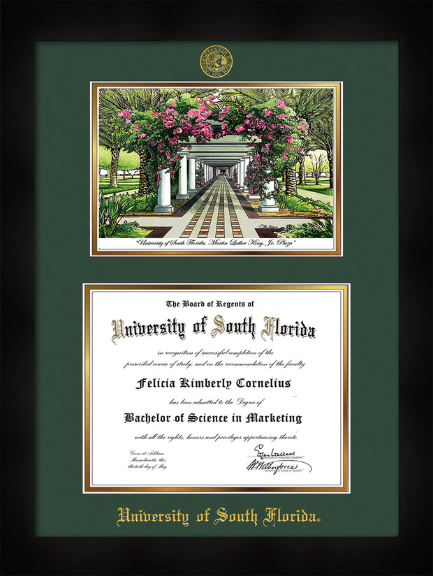 Image of University of South Florida Diploma Frame - Flat Matte Black - w/Embossed USF Seal & Name - Watercolor - Green on Gold mat