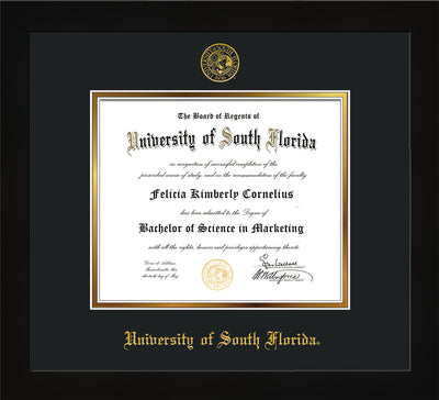 Image of University of South Florida Diploma Frame - Flat Matte Black - w/Embossed USF Seal & Name - Black on Gold mat