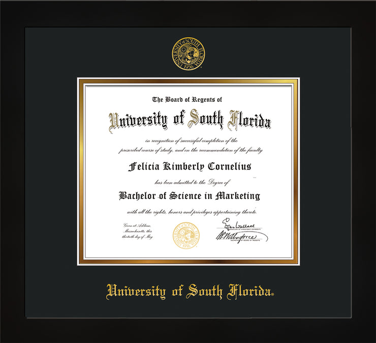 Image of University of South Florida Diploma Frame - Flat Matte Black - w/Embossed USF Seal & Name - Black on Gold mat