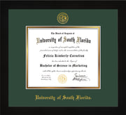 Image of University of South Florida Diploma Frame - Flat Matte Black - w/Embossed USF Seal & Name - Green on Gold mat