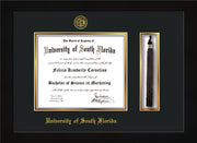 Image of University of South Florida Diploma Frame - Flat Matte Black - w/Embossed USF Seal & Name - Tassel Holder - Black on Gold mat