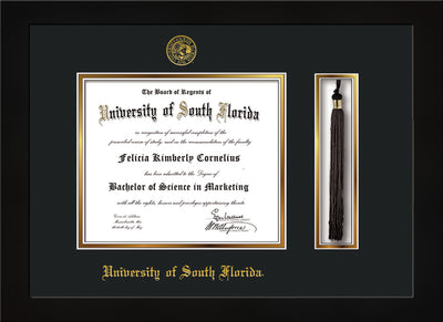 Image of University of South Florida Diploma Frame - Flat Matte Black - w/Embossed USF Seal & Name - Tassel Holder - Black on Gold mat