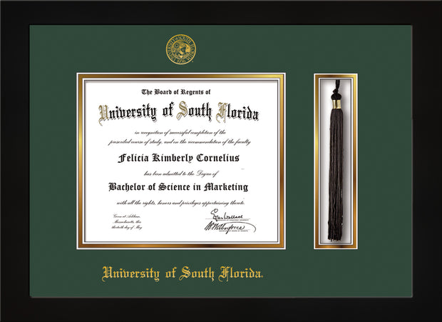 Image of University of South Florida Diploma Frame - Flat Matte Black - w/Embossed USF Seal & Name - Tassel Holder - Green on Gold mat