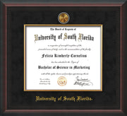 Image of University of South Florida Diploma Frame - Mahogany Braid - w/24k Gold-Plated Medallion & Fillet - w/USF Name Embossing - Black Suede mat