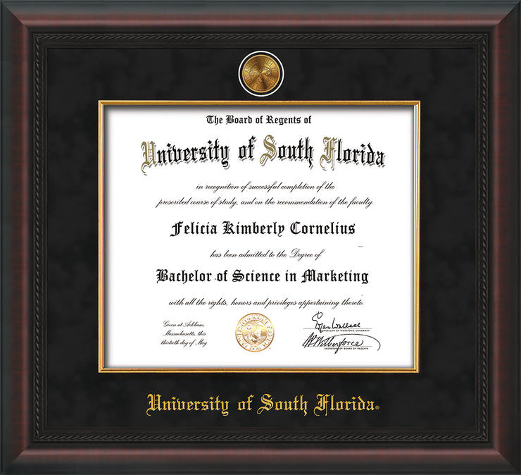 Image of University of South Florida Diploma Frame - Mahogany Braid - w/24k Gold-Plated Medallion & Fillet - w/USF Name Embossing - Black Suede mat