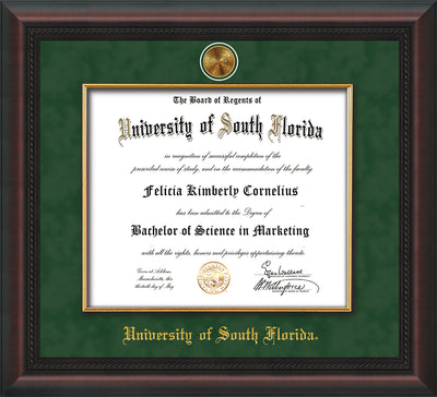 Image of University of South Florida Diploma Frame - Mahogany Braid - w/24k Gold-Plated Medallion & Fillet - w/USF Name Embossing - Green Suede mat