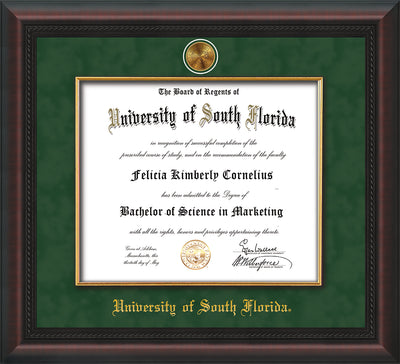 Image of University of South Florida Diploma Frame - Mahogany Braid - w/24k Gold-Plated Medallion & Fillet - w/USF Name Embossing - Green Suede mat