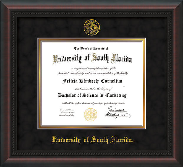Image of University of South Florida Diploma Frame - Mahogany Braid - w/Embossed USF Seal & Name - Black Suede on Gold mat