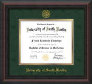 Image of University of South Florida Diploma Frame - Mahogany Braid - w/Embossed USF Seal & Name - Green Suede on Gold mat