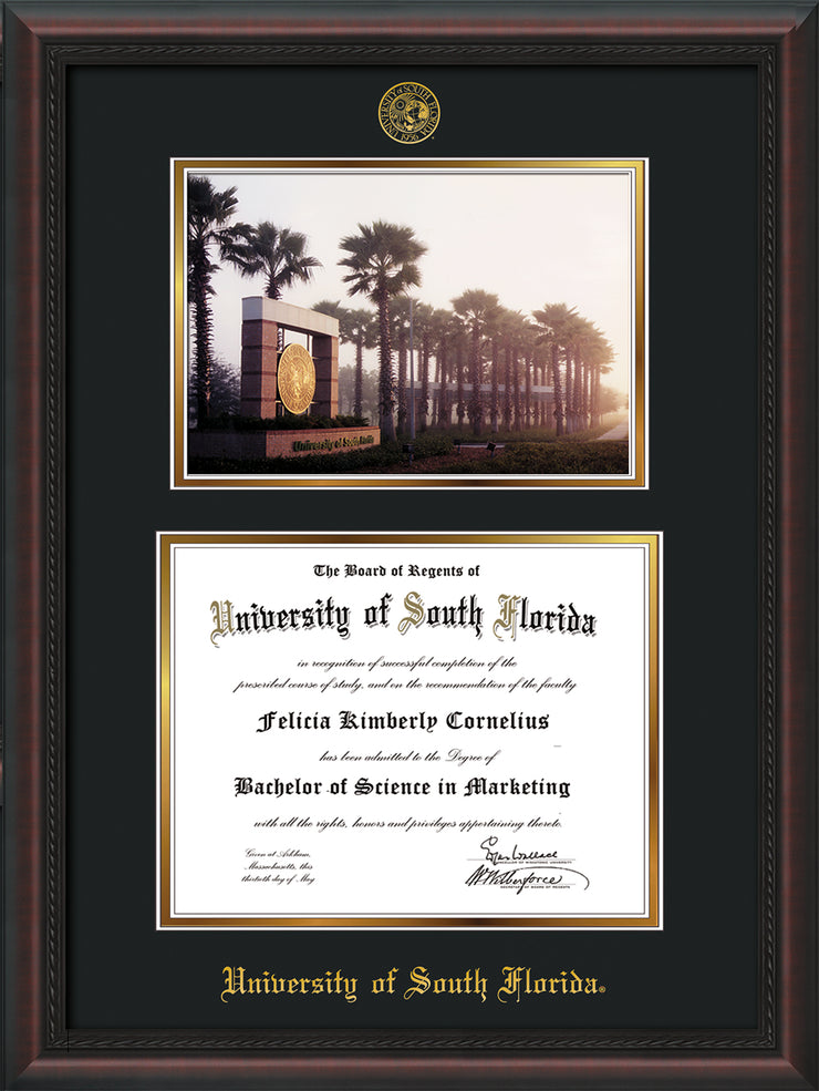 Image of University of South Florida Diploma Frame - Mahogany Braid - w/Embossed USF Seal & Name - Photo - Black on Gold mat