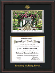 Image of University of South Florida Diploma Frame - Mahogany Braid - w/Embossed USF Seal & Name - Watercolor - Black on Gold mat
