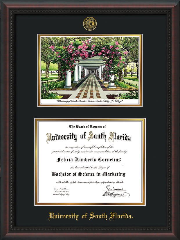 Image of University of South Florida Diploma Frame - Mahogany Braid - w/Embossed USF Seal & Name - Watercolor - Black on Gold mat