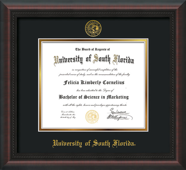 Image of University of South Florida Diploma Frame - Mahogany Braid - w/Embossed USF Seal & Name - Black on Gold mat