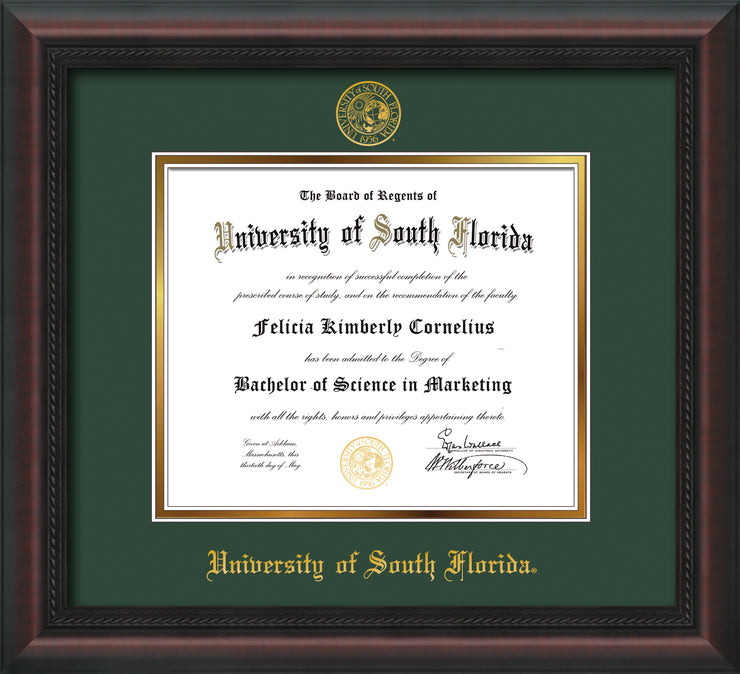 Image of University of South Florida Diploma Frame - Mahogany Braid - w/Embossed USF Seal & Name - Green on Gold mat