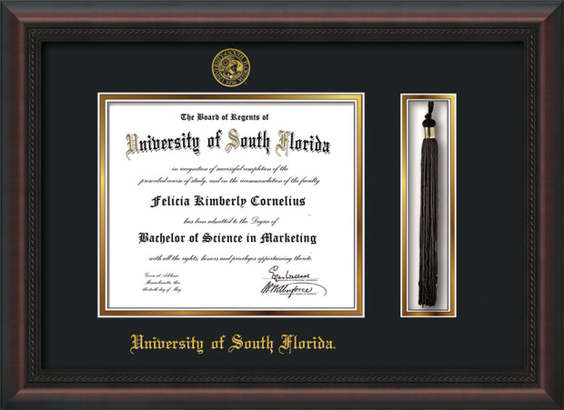 Image of University of South Florida Diploma Frame - Mahogany Braid - w/Embossed USF Seal & Name - Tassel Holder - Black on Gold mat