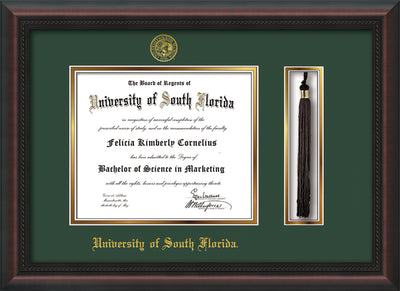 Image of University of South Florida Diploma Frame - Mahogany Braid - w/Embossed USF Seal & Name - Tassel Holder - Green on Gold mat