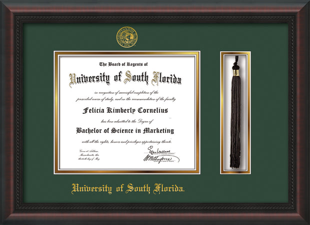 Image of University of South Florida Diploma Frame - Mahogany Braid - w/Embossed USF Seal & Name - Tassel Holder - Green on Gold mat