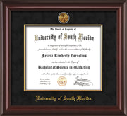 Image of University of South Florida Diploma Frame - Mahogany Lacquer - w/24k Gold-Plated Medallion & Fillet - w/USF Name Embossing - Black Suede mat