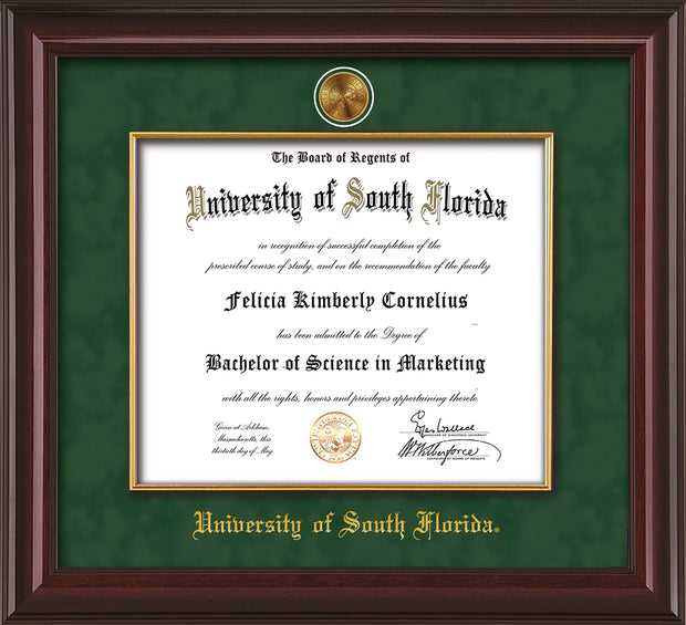 Image of University of South Florida Diploma Frame - Mahogany Lacquer - w/24k Gold-Plated Medallion & Fillet - w/USF Name Embossing - Green Suede mat