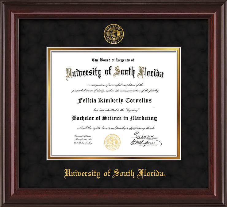 Image of University of South Florida Diploma Frame - Mahogany Lacquer - w/Embossed USF Seal & Name - Black Suede on Gold mat
