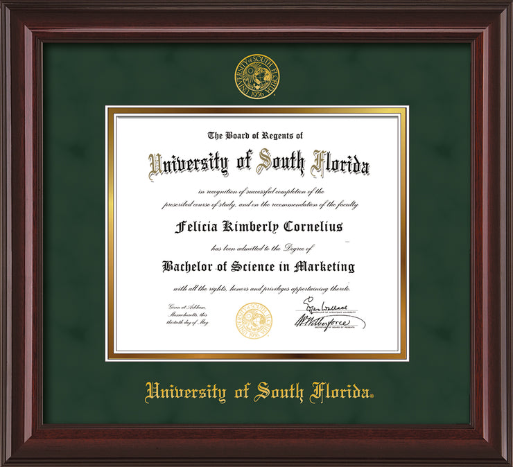 Image of University of South Florida Diploma Frame - Mahogany Lacquer - w/Embossed USF Seal & Name - Green Suede on Gold mat