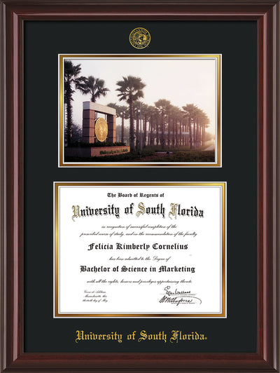 Image of University of South Florida Diploma Frame - Mahogany Lacquer - w/Embossed USF Seal & Name - Photo - Black on Gold mat