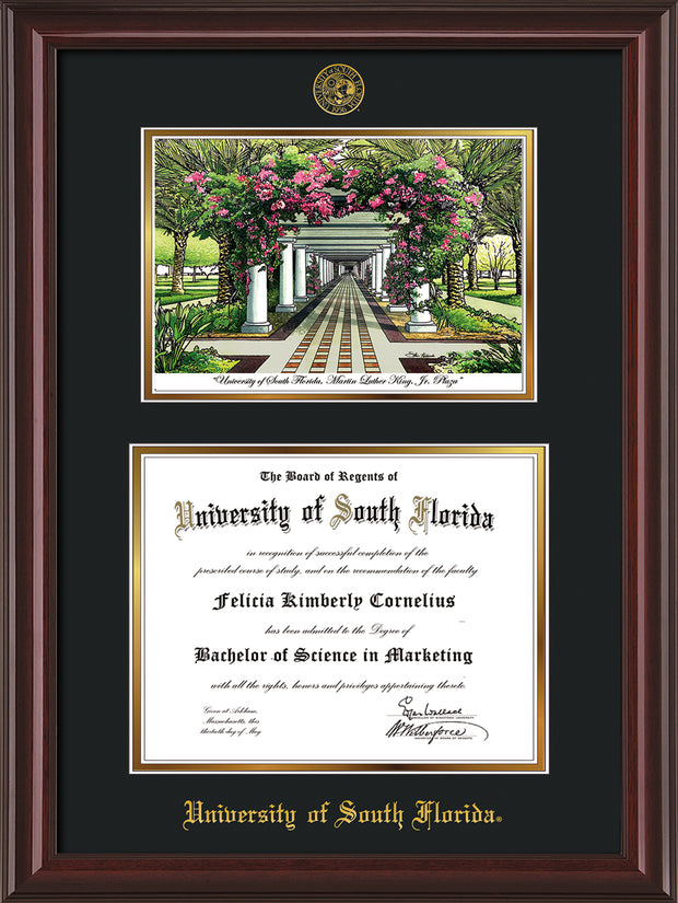 Image of University of South Florida Diploma Frame - Mahogany Lacquer - w/Embossed USF Seal & Name - Watercolor - Black on Gold mat