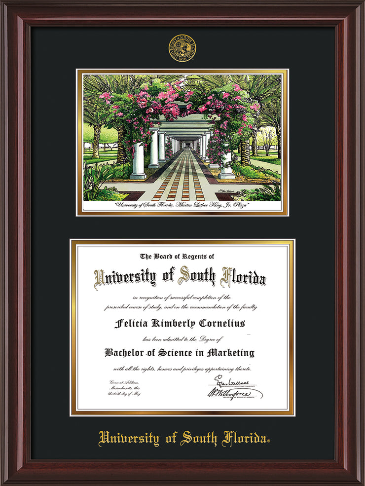 Image of University of South Florida Diploma Frame - Mahogany Lacquer - w/Embossed USF Seal & Name - Watercolor - Black on Gold mat
