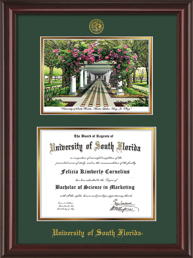 Image of University of South Florida Diploma Frame - Mahogany Lacquer - w/Embossed USF Seal & Name - Watercolor - Green on Gold mat