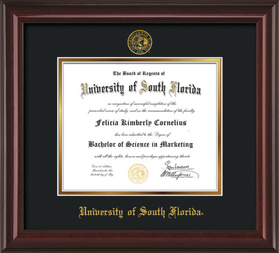 Image of University of South Florida Diploma Frame - Mahogany Lacquer - w/Embossed USF Seal & Name - Black on Gold mat
