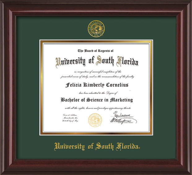 Image of University of South Florida Diploma Frame - Mahogany Lacquer - w/Embossed USF Seal & Name - Green on Gold mat