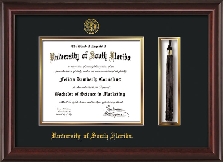 Image of University of South Florida Diploma Frame - Mahogany Lacquer - w/Embossed USF Seal & Name - Tassel Holder - Black on Gold mat