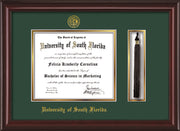 Image of University of South Florida Diploma Frame - Mahogany Lacquer - w/Embossed USF Seal & Name - Tassel Holder - Green on Gold mat