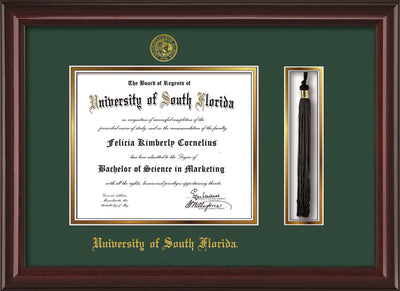 Image of University of South Florida Diploma Frame - Mahogany Lacquer - w/Embossed USF Seal & Name - Tassel Holder - Green on Gold mat