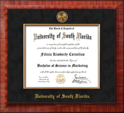 Image of University of South Florida Diploma Frame - Rosewood w/Gold Lip - w/24k Gold-Plated Medallion & Fillet - w/USF Name Embossing - Black Suede mat