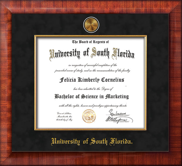 Image of University of South Florida Diploma Frame - Rosewood w/Gold Lip - w/24k Gold-Plated Medallion & Fillet - w/USF Name Embossing - Black Suede mat