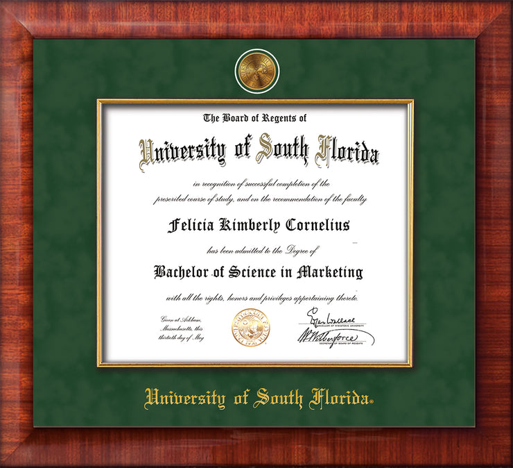 Image of University of South Florida Diploma Frame - Mezzo Gloss - w/24k Gold-Plated Medallion & Fillet - w/USF Name Embossing - Green Suede mat