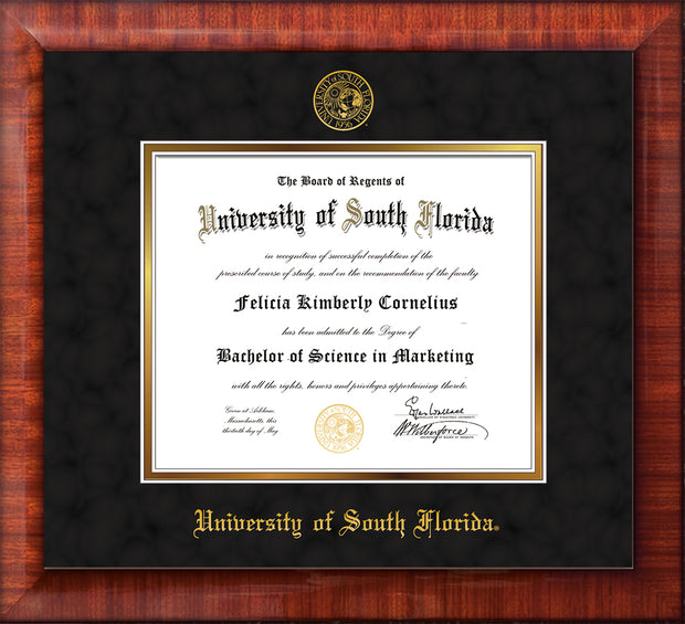 Image of University of South Florida Diploma Frame - Mezzo Gloss - w/Embossed USF Seal & Name - Black Suede on Gold mat