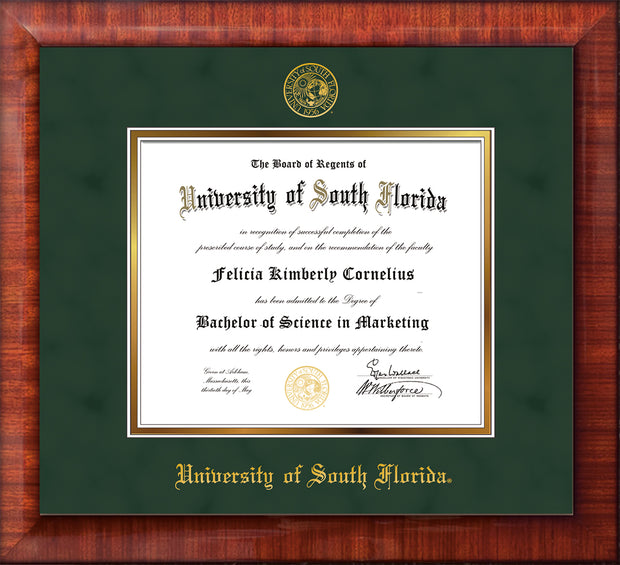 Image of University of South Florida Diploma Frame - Mezzo Gloss - w/Embossed USF Seal & Name - Green Suede on Gold mat