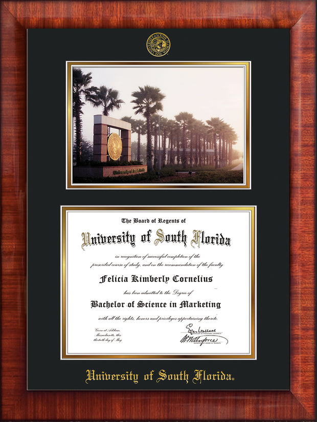 Image of University of South Florida Diploma Frame - Mezzo Gloss - w/Embossed USF Seal & Name - Photo - Black on Gold mat