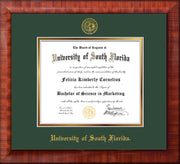 Image of University of South Florida Diploma Frame - Mezzo Gloss - w/Embossed USF Seal & Name - Green on Gold mat