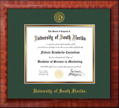 Image of University of South Florida Diploma Frame - Mezzo Gloss - w/Embossed USF Seal & Name - Green on Gold mat